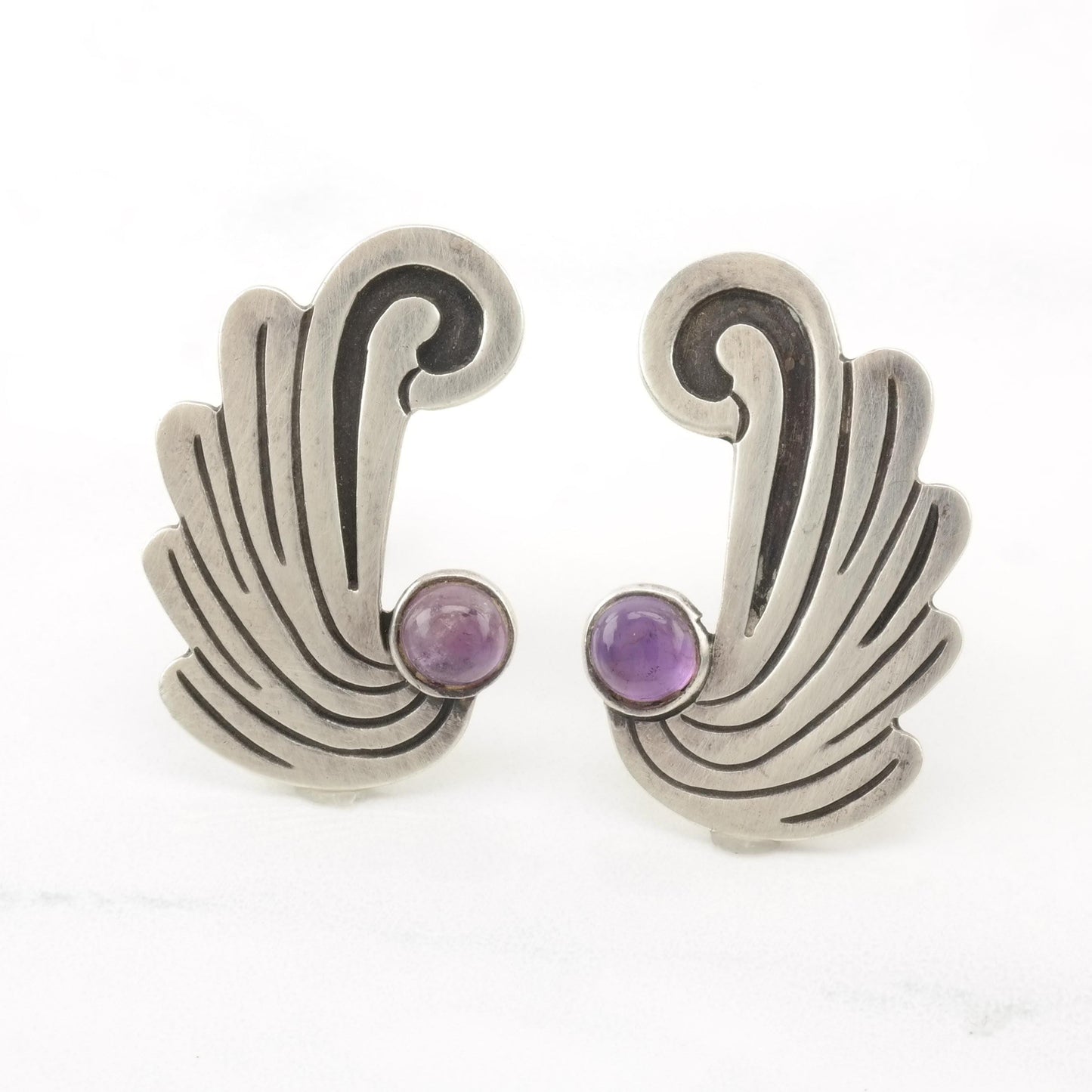 Vintage Taxco Amethyst Sterling Silver Screw Back Earrings Wings or Waves