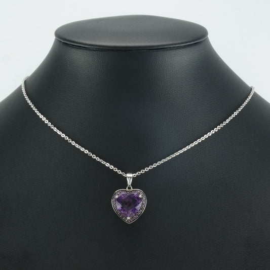 Sterling Silver Purple Amethyst Heart, Checkerboard Cut Necklace