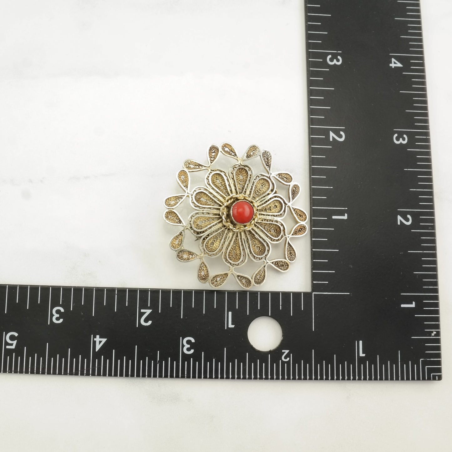 Israeli Sterling Silver Brooch Filigree, Gold Tone Coral