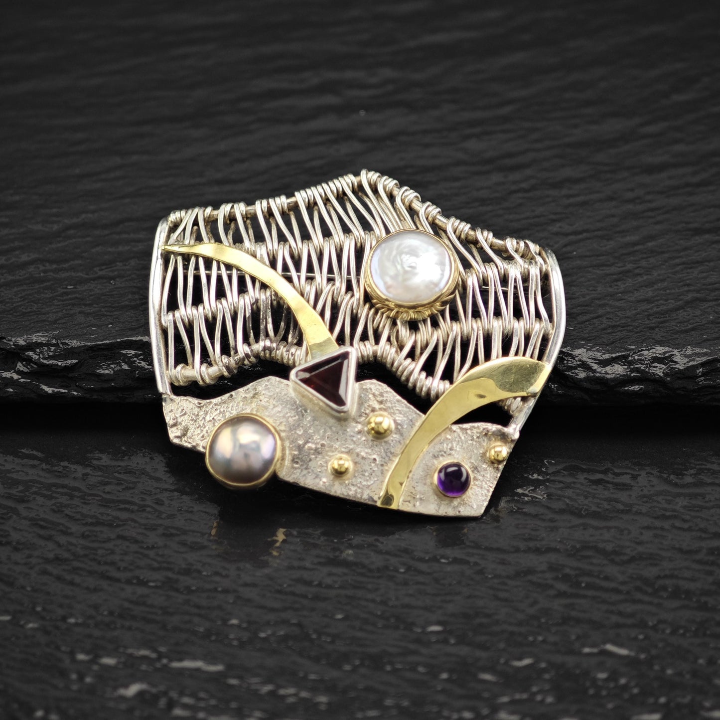 Sterling Silver Abstract Brooch with Multi-Color Pearls MOP Garnet Amethyst