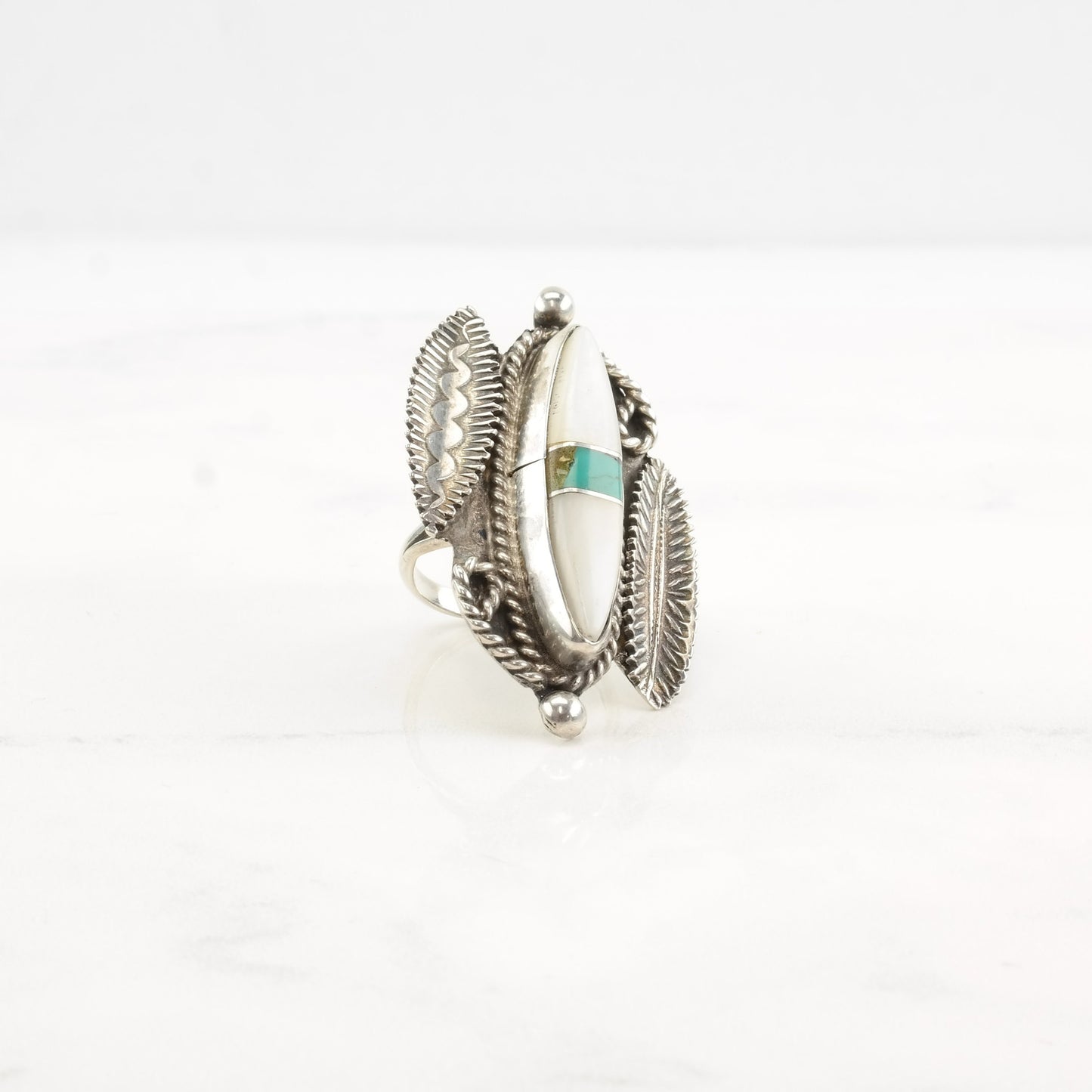 Native American Silver Ring MOP Turquoise Leaf Sterling Size 5 1/2