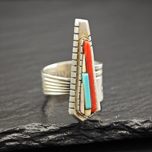 David Tune Inlay Ring Coral Turquoise Sterling Silver MOP R5809