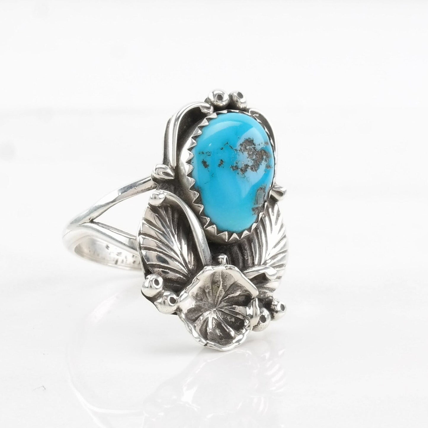 Navajo Sterling Silver Ring, Turquoise Floral Blue Size 8