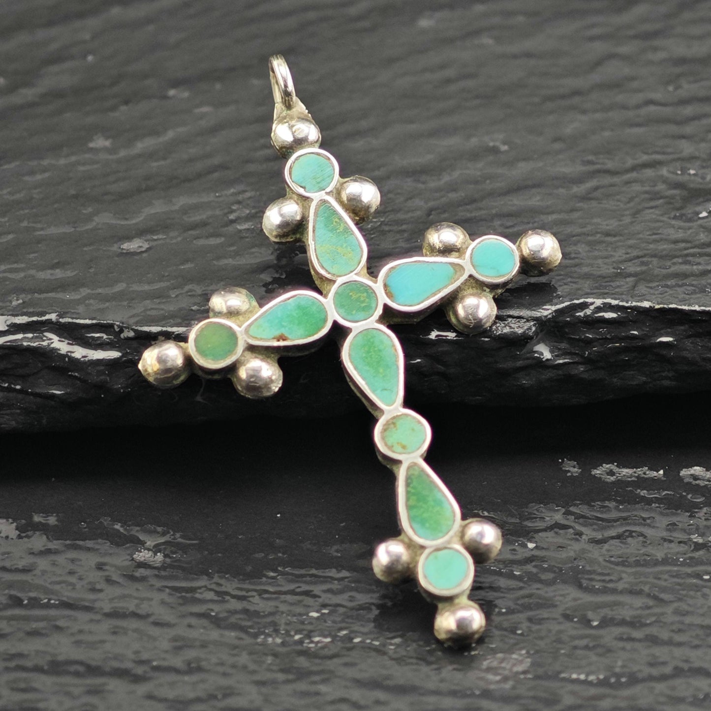 Vintage Zuni Inlay Turquoise Cross Pendant Sterling Silver P3033