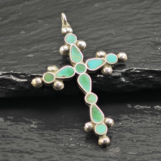 Vintage Zuni Inlay Turquoise Cross Pendant Sterling Silver P3033