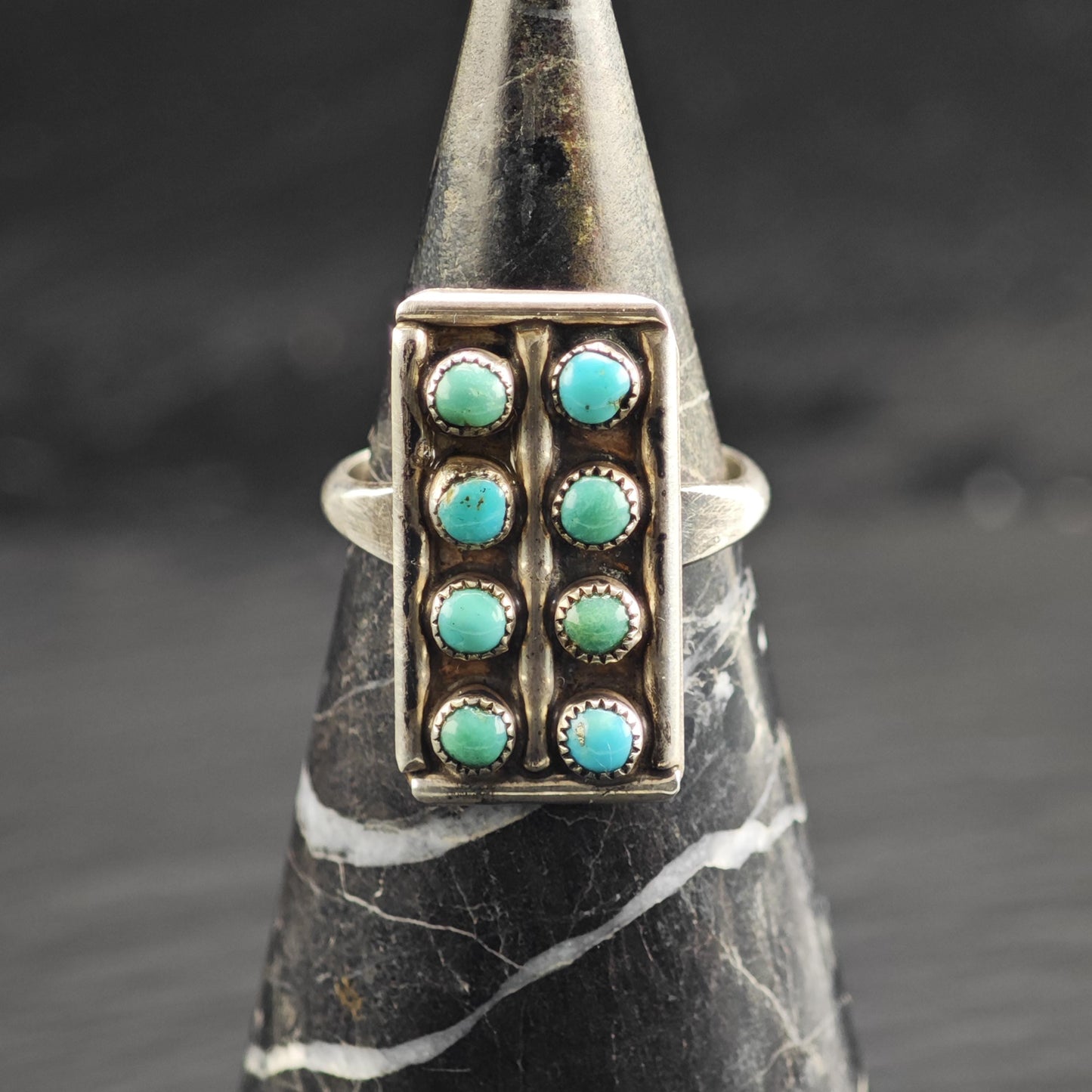 Vintage Zuni Petit Point Turquoise Rectangular Sterling Silver Ring Sz 7 3/4 R6644