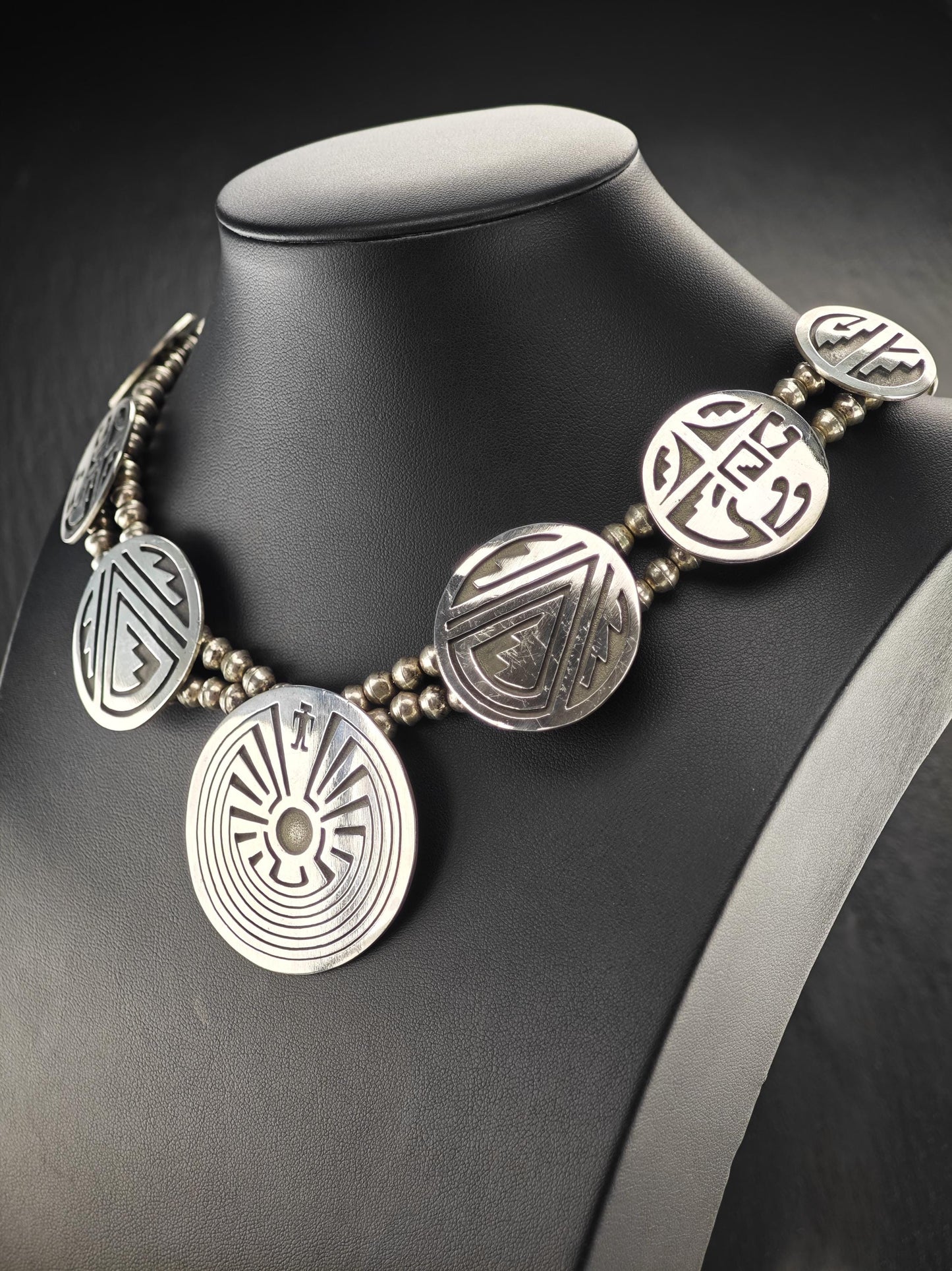 Native American Overlay, Man In Maze Squash Blossom Necklace Sterling Silver