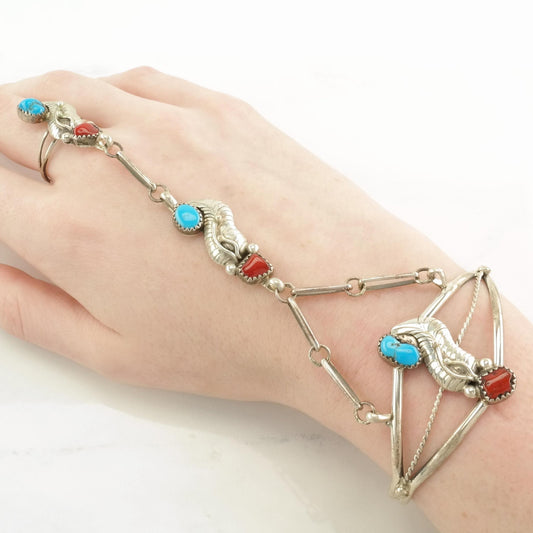 Native American Sterling Silver Cuff Bracelet with Ring, Turquoise & Coral, Southwestern Jewelry, Size 6 Wrist