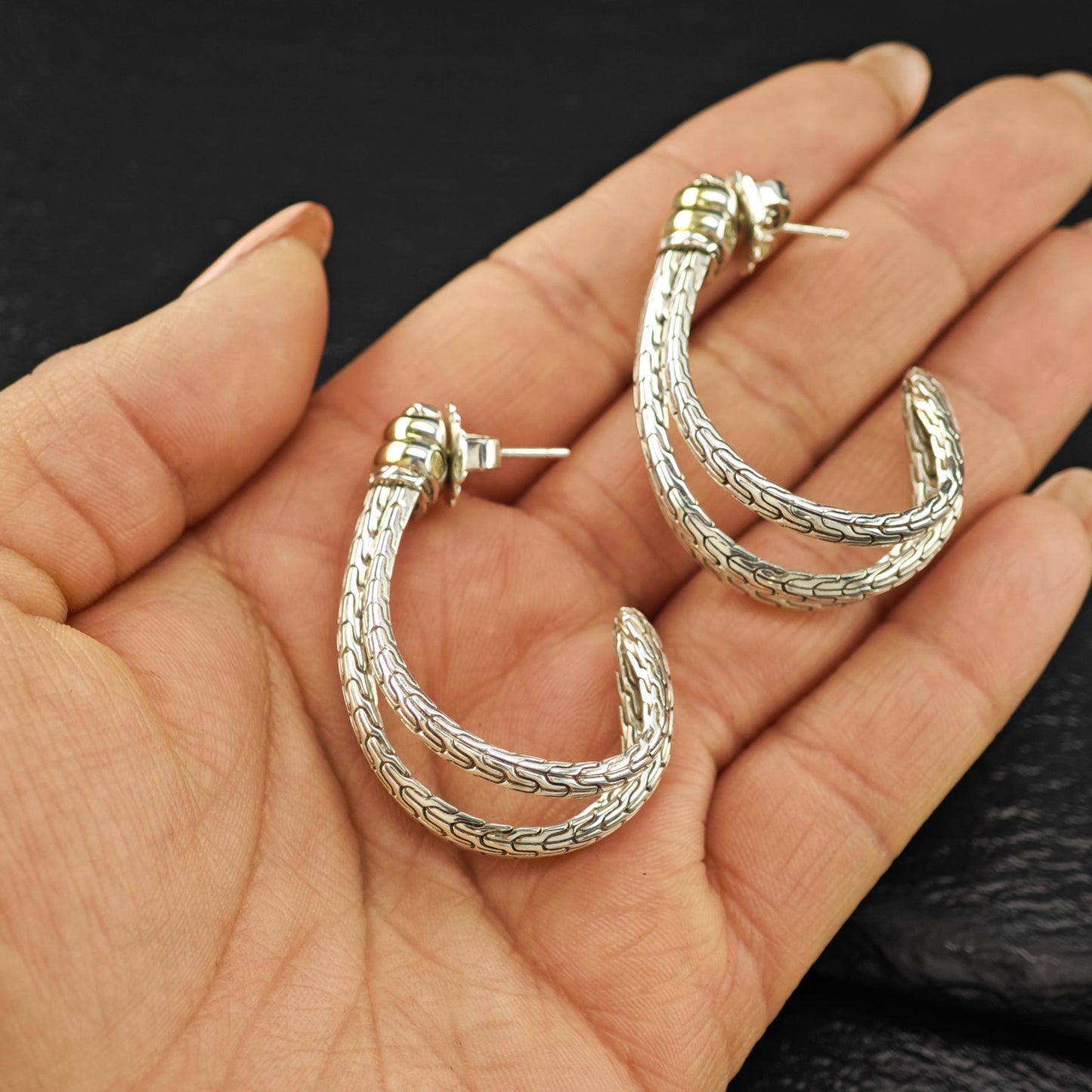Lg John Hardy 18K Gold Accent Sterling Silver Half Hoop Earrings