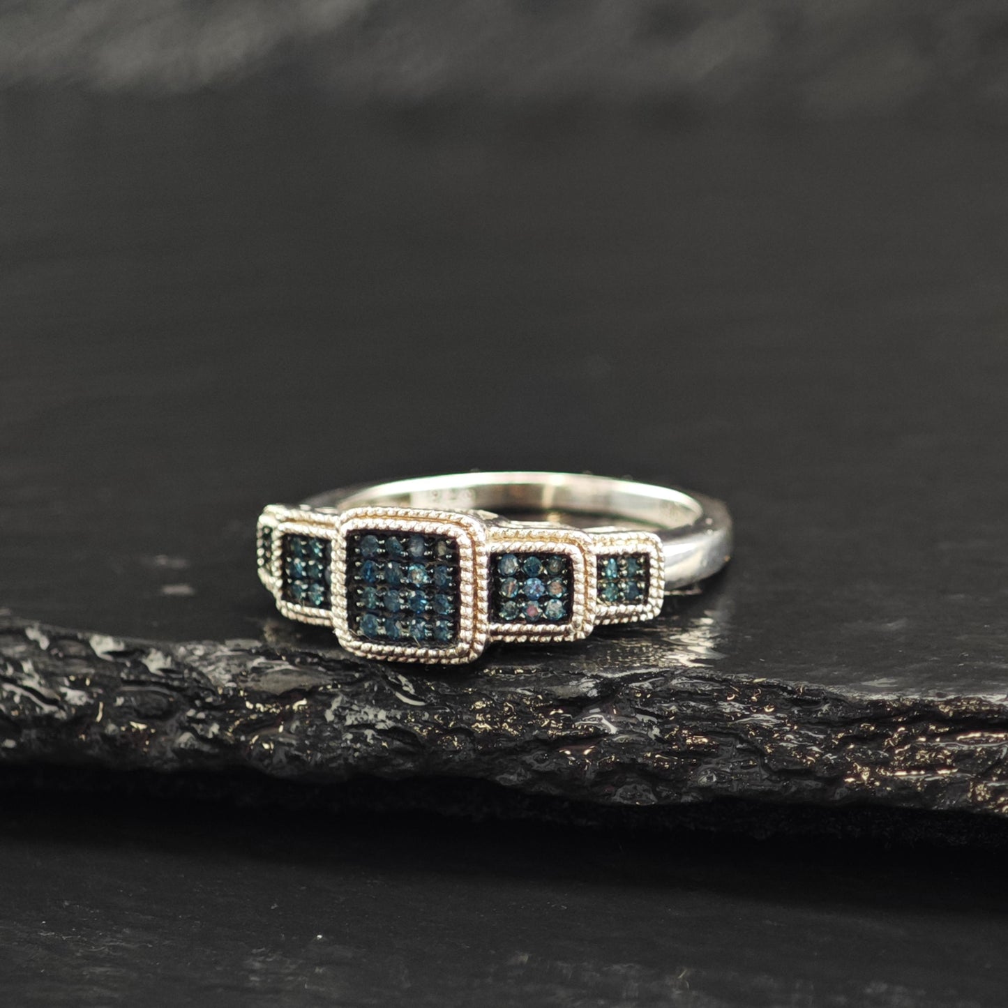 Blue Diamond Square Design Sterling Silver Sz Ring 9 R6604