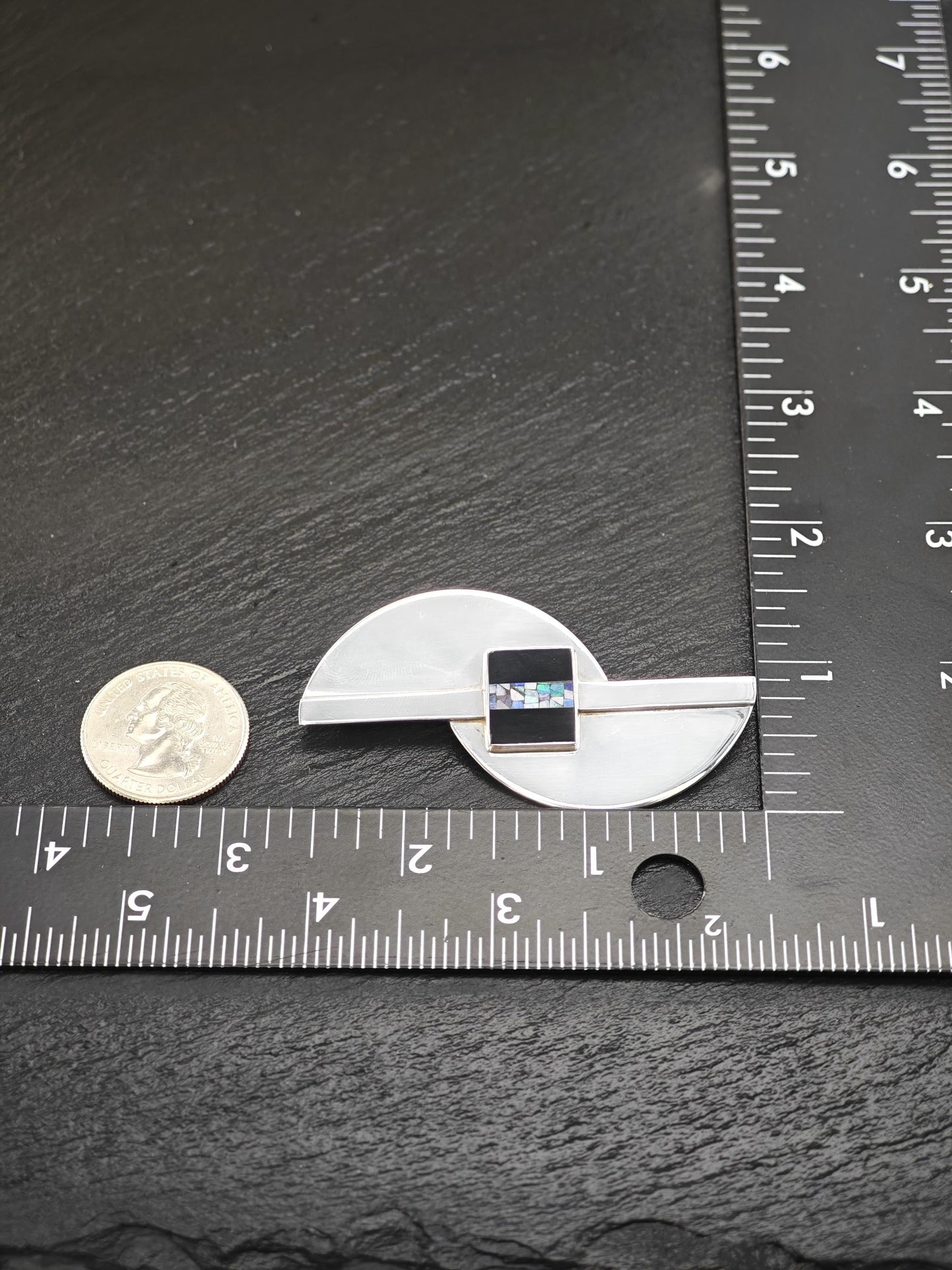 Modernist Opal, Onyx Brooch Sterling Silver