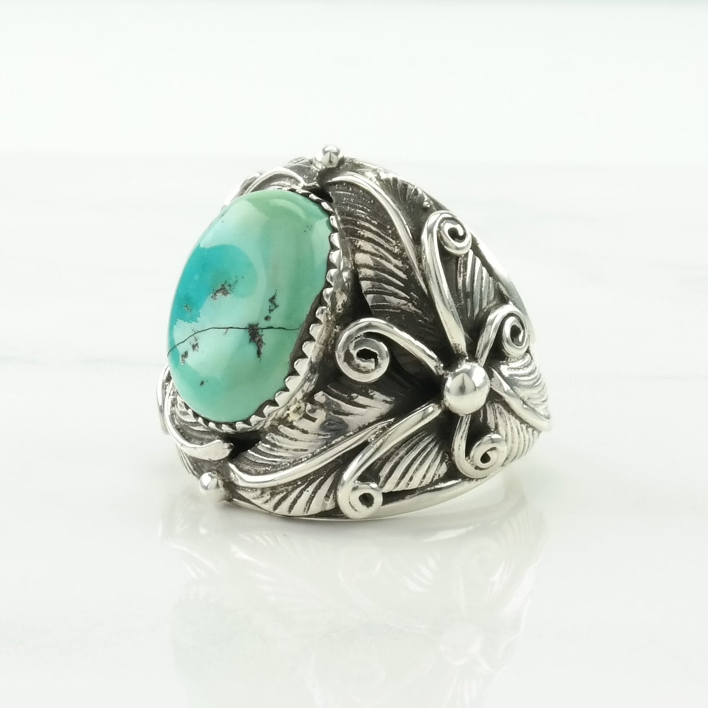 Native American Silver Ring Turquoise Leaf Sterling Blue Size 10