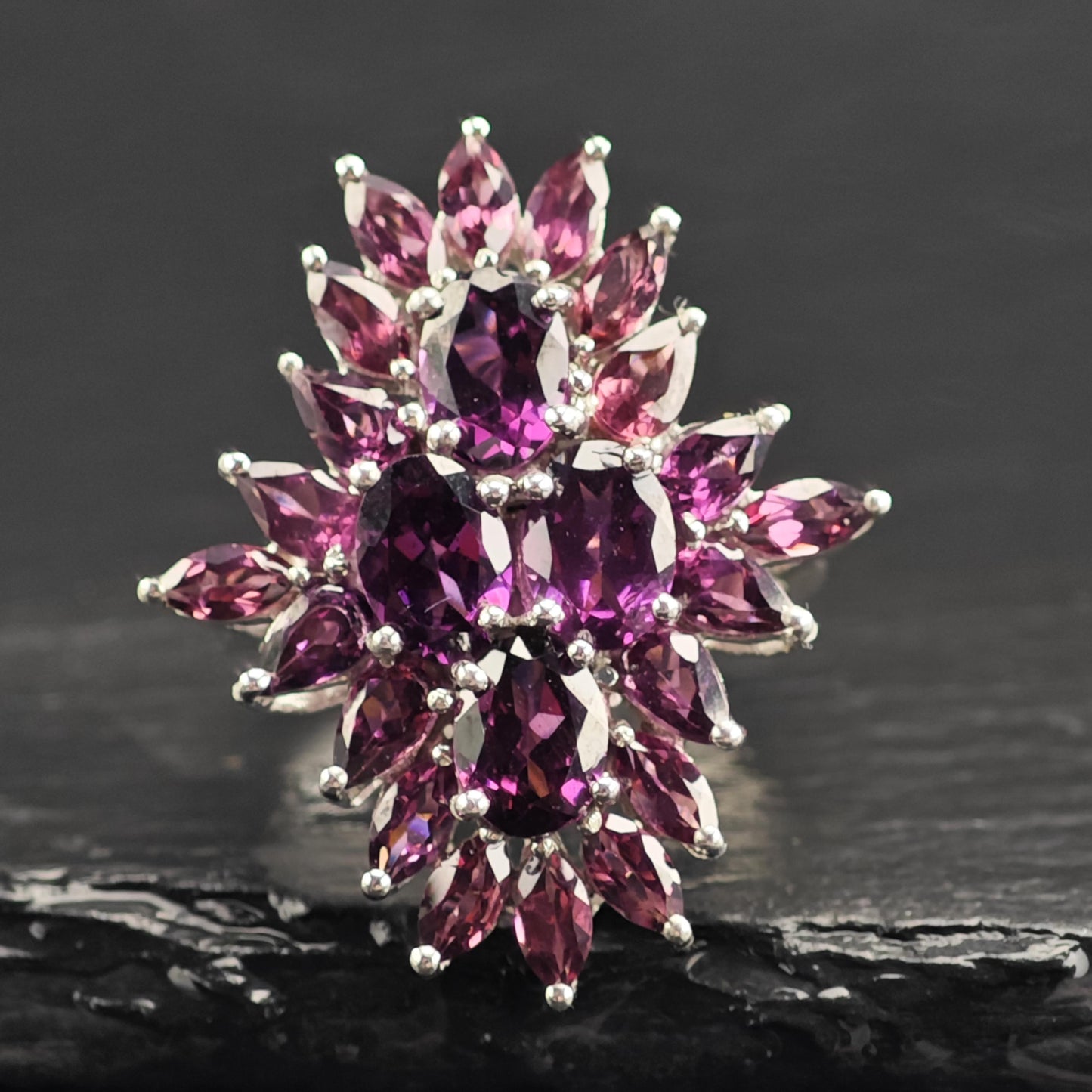 Garnet Cluster Sterling Silver Ring Sz 8 1/4 R6590
