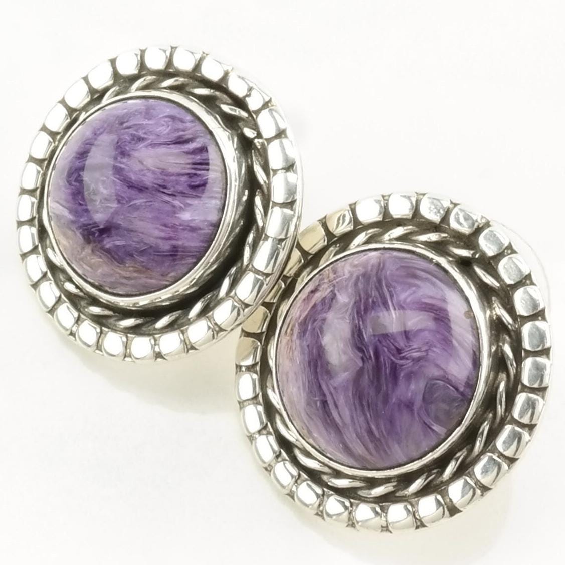 Vintage Sterling Silver Stud Earrings Native American Purple Charoite Circle