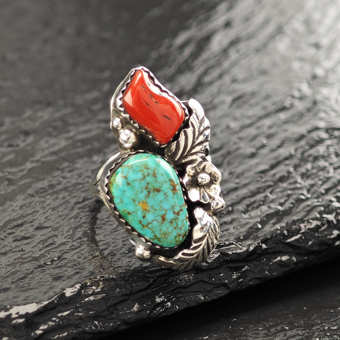 Turquoise Coral Native American Ring Sterling Silver Size 6 3/4 R5828