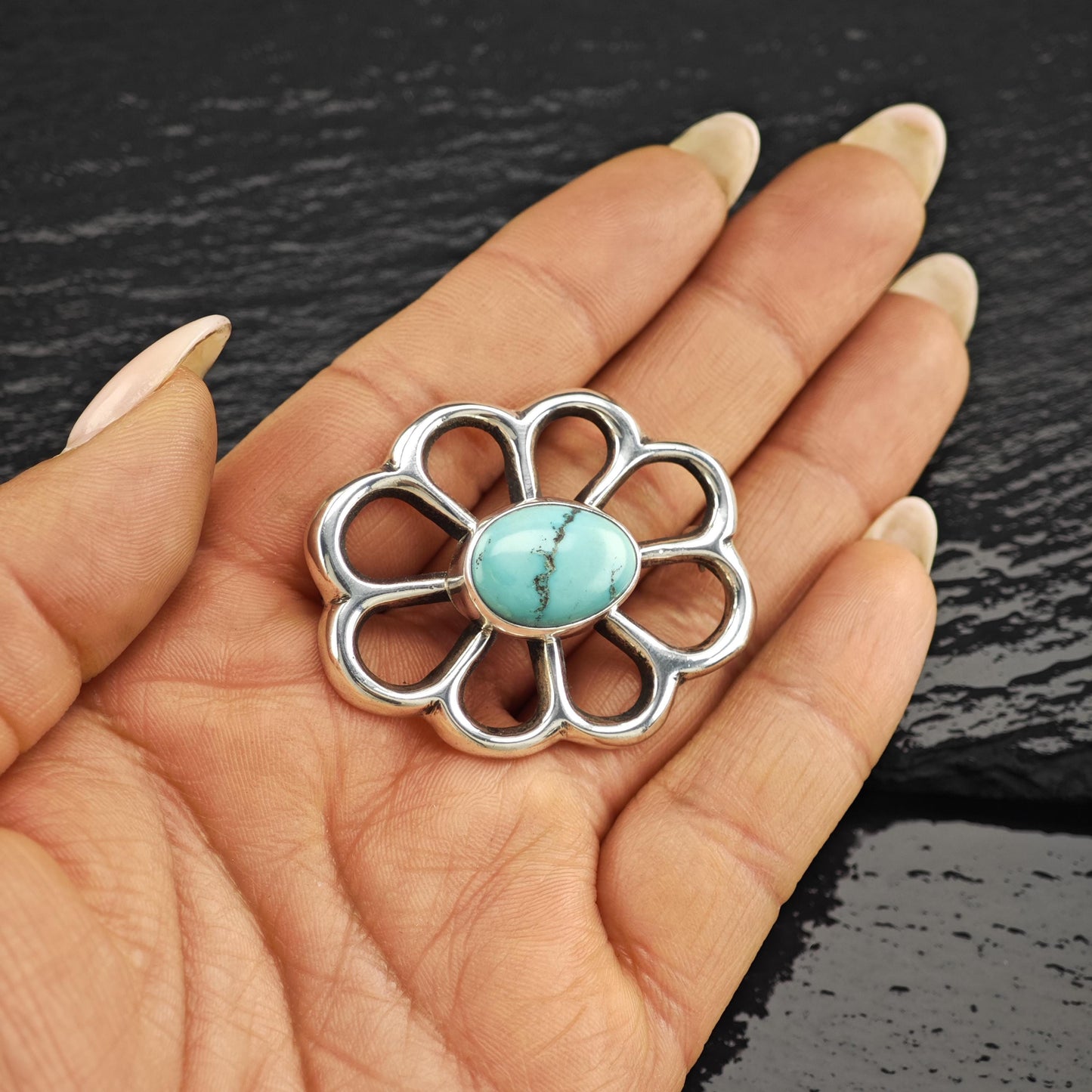 Southwest Sandcast, Blue Turquoise Brooch Sterling Silver
