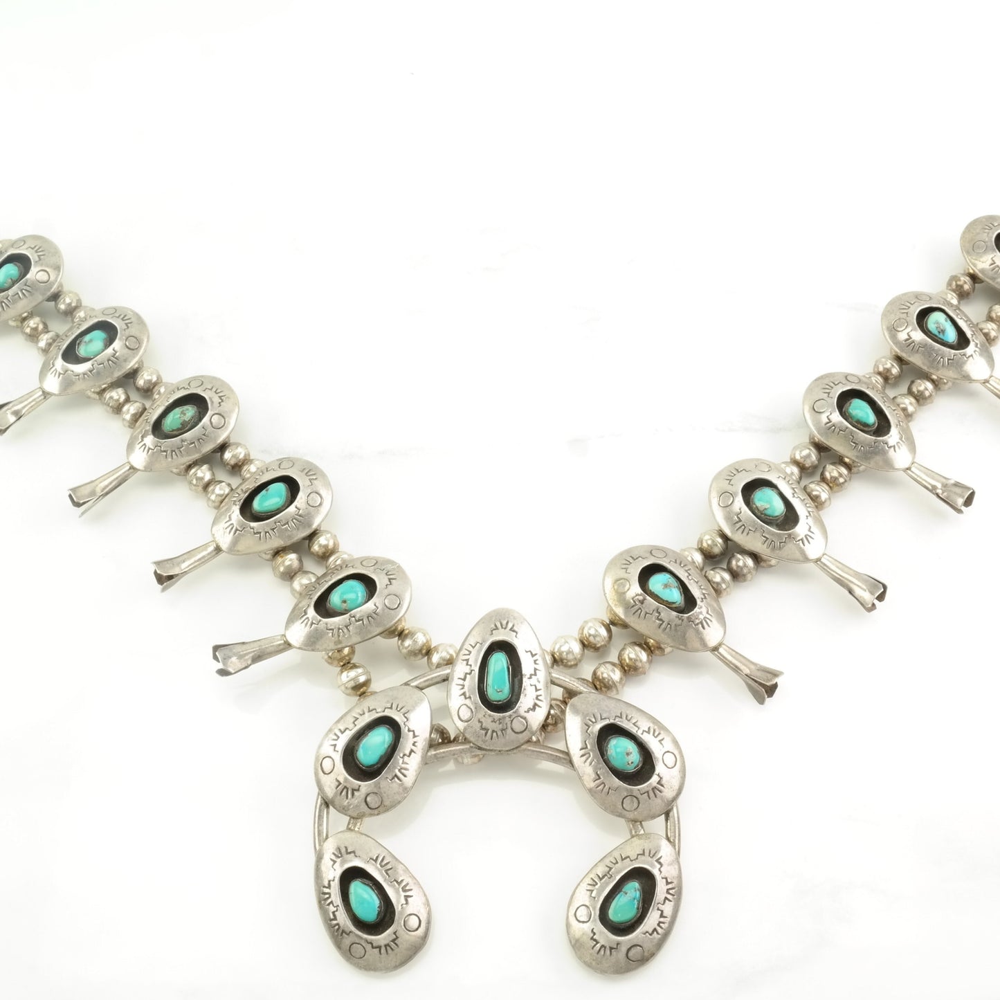 Native American Sterling Silver Blue Turquoise Stamped, Shadow Box Necklace