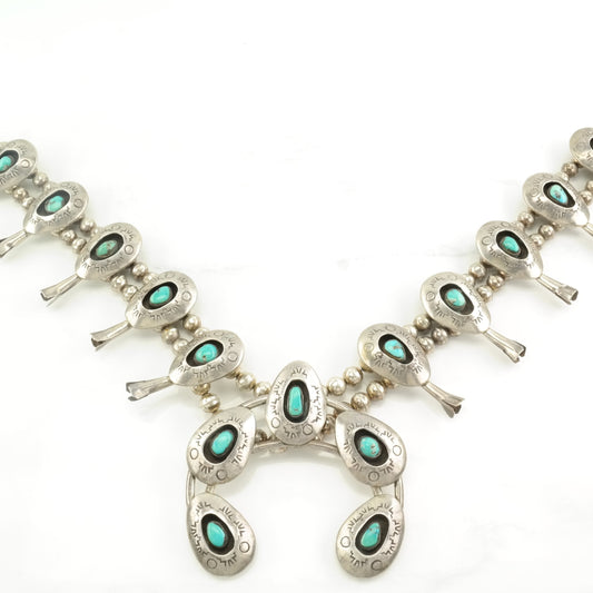 Vintage Native American Sterling Silver Blue Turquoise Stamped, Shadow Box Squash Blossom Necklace