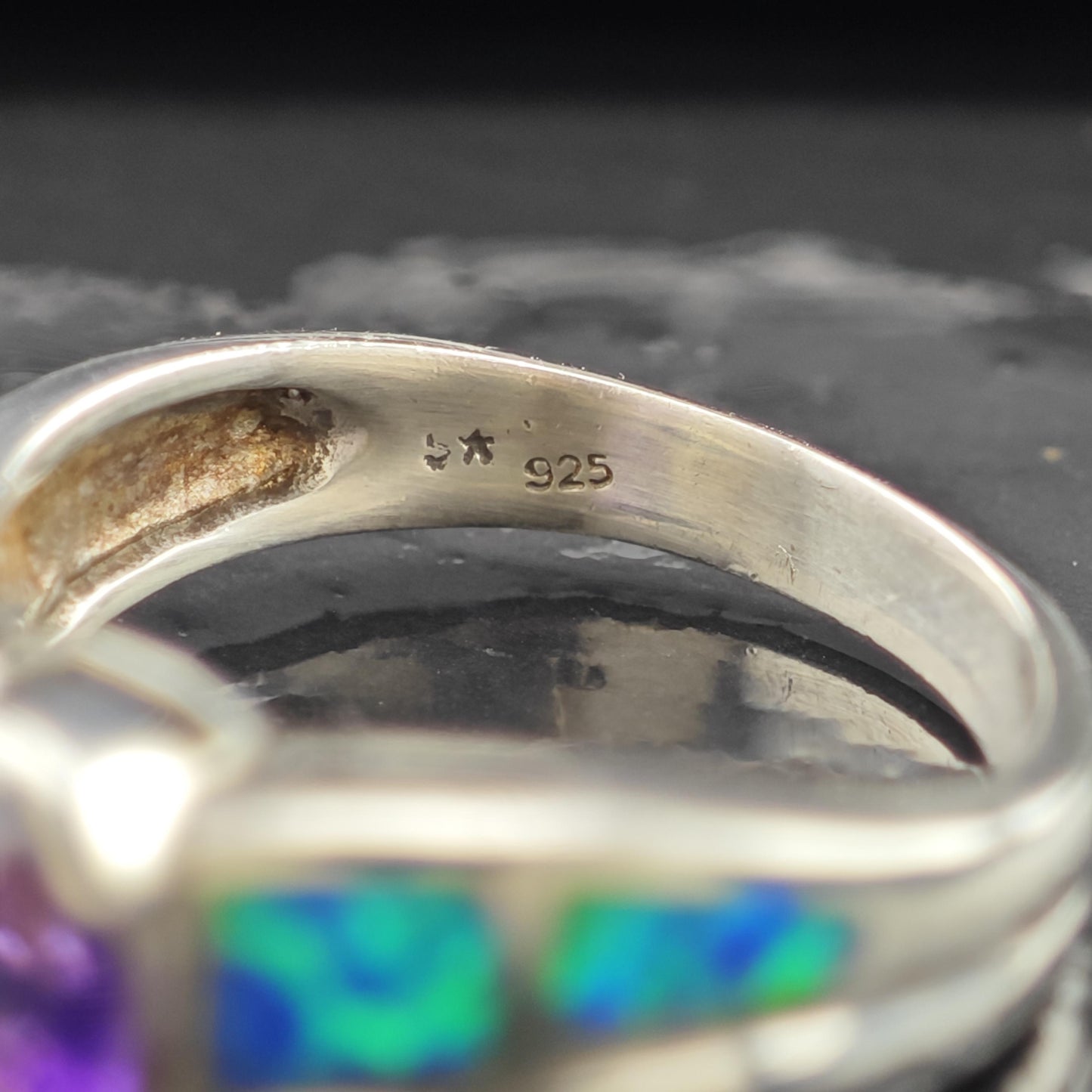 Lab Opal Inlay Amethyst Ring Sterling Silver Sz 8 R6221