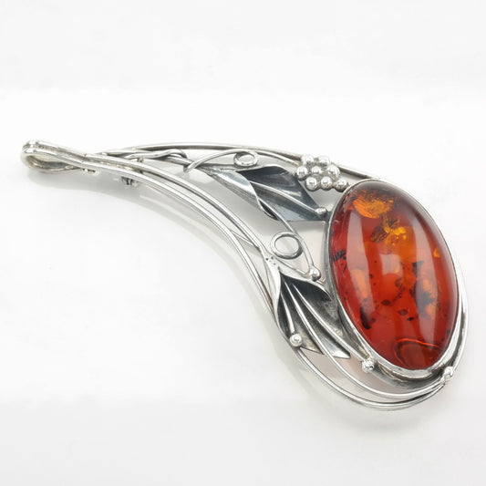 Silver Brooch Pendant Floral Baltic Amber Sterling