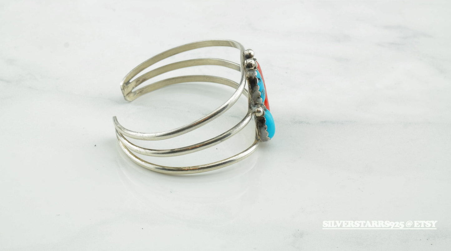 Native American Silver Cuff Bracelet Sterling Turquoise Coral