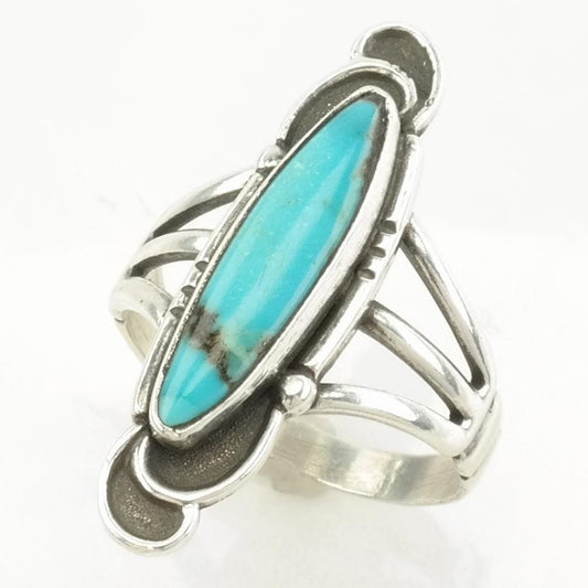 Vintage Sterling Silver Ring Turquoise Navette Blue Size 8 1/4