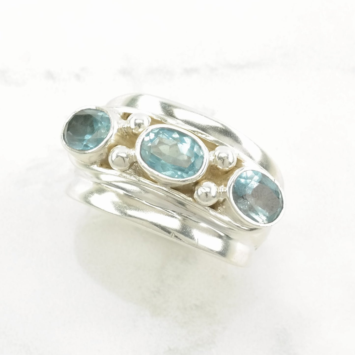 Heavy Sterling Silver Ring Topaz, Three Stone Blue Size 9