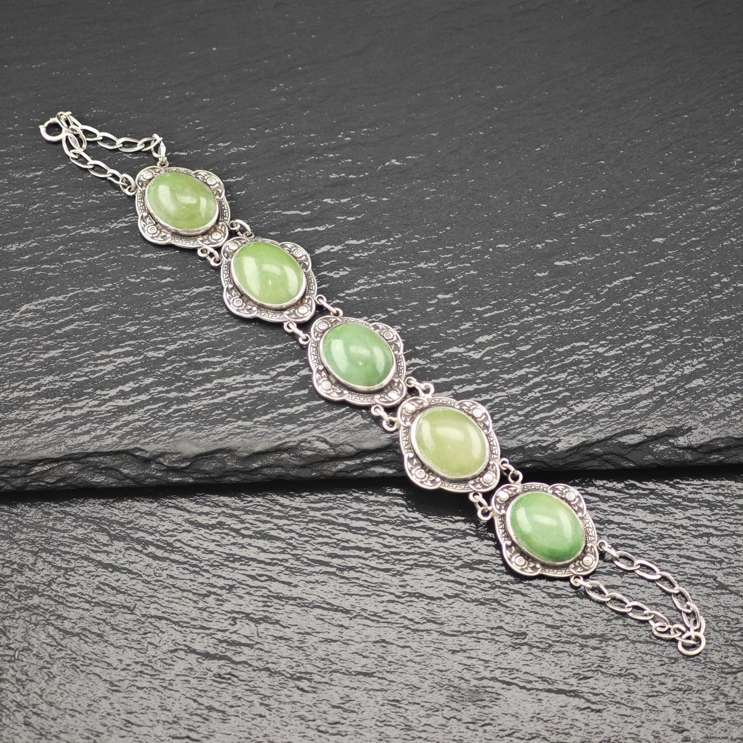 Antique Green Gemstone Cabochons Bracelet Sterling Silver Size 7 1/4"