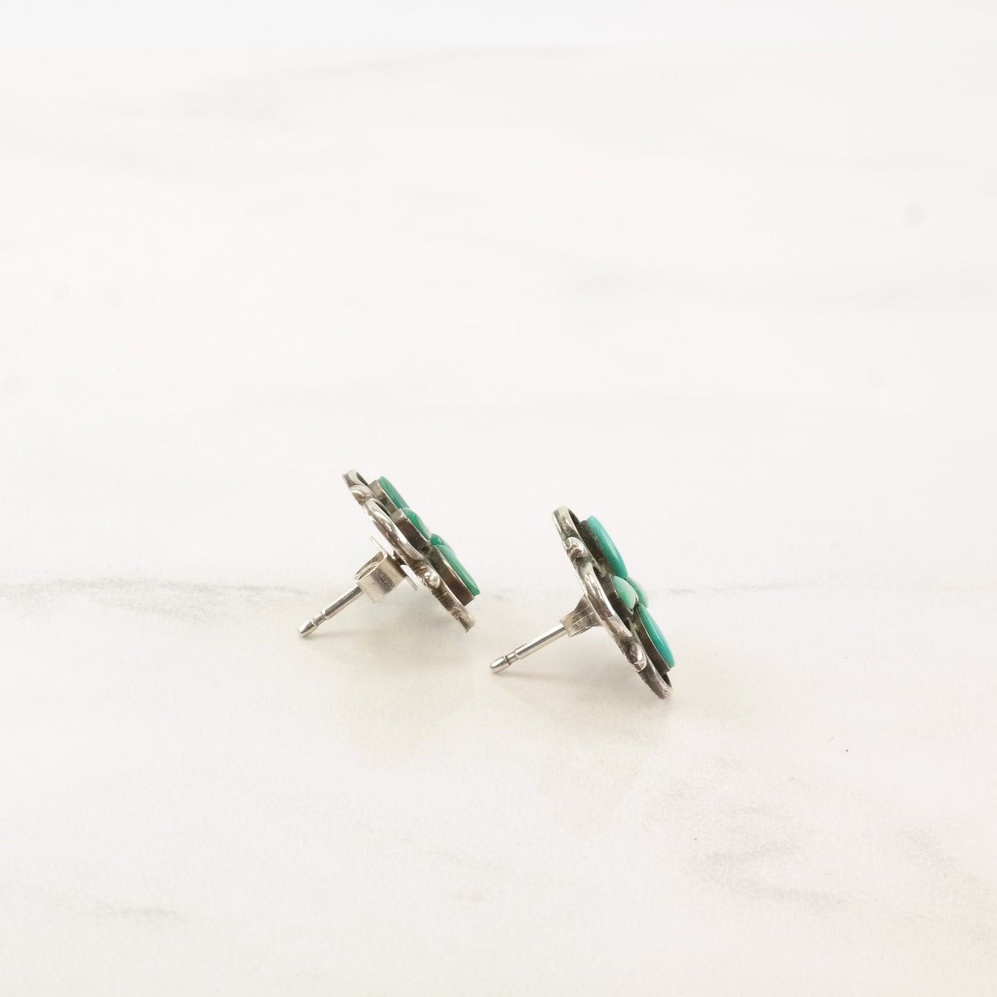 Native American Sterling Silver Turquoise Cluster Floral Earrings Stud