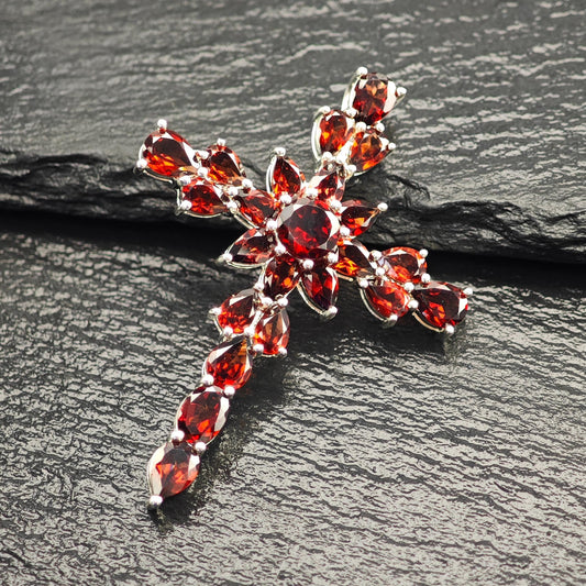 Vintage Garnet Cross Pendant Sterling Silver