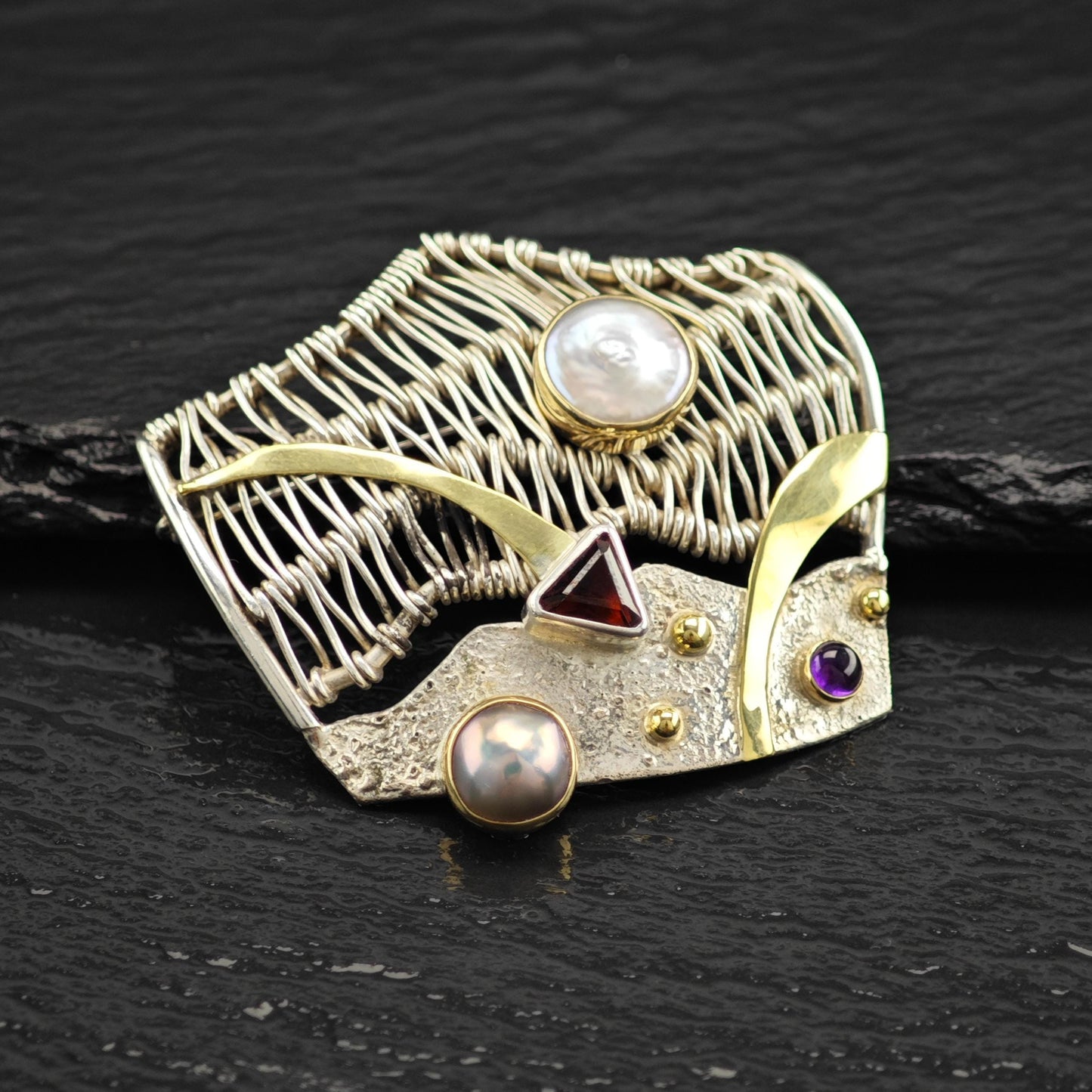 Sterling Silver Abstract Brooch with Multi-Color Pearls MOP Garnet Amethyst