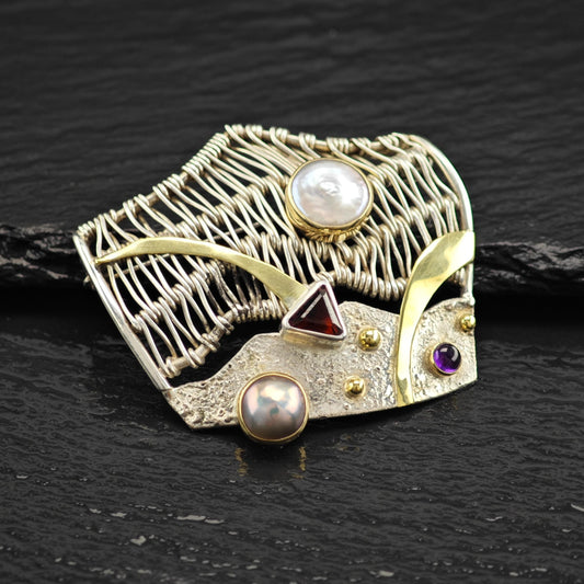 Sterling Silver Abstract Brooch with Multi-Color Pearls MOP Garnet Amethyst
