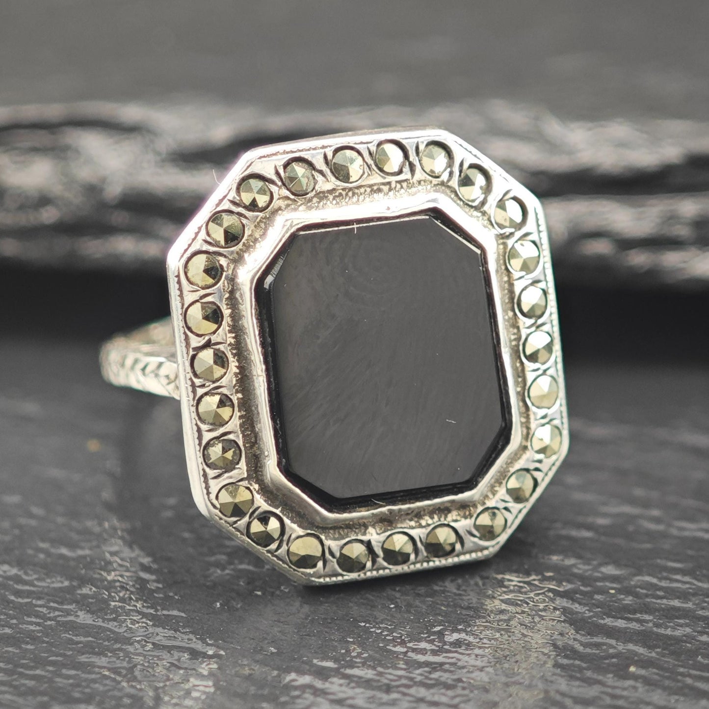 Art Deco Style, Squared Onyx Marcasite Ring Sterling Silver