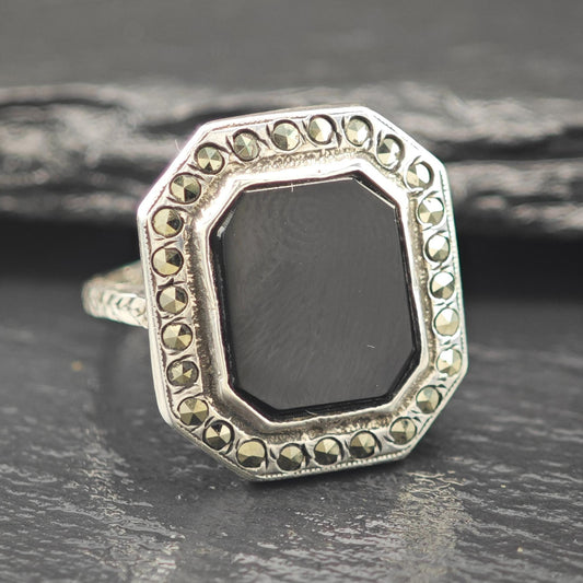 Art Deco Style, Squared Onyx Marcasite Ring Sterling Silver