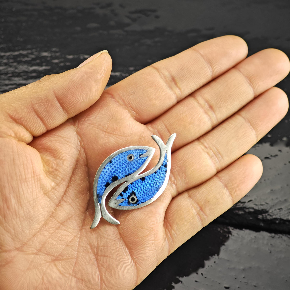 Jose Fuentes Fish Blue Enamel Sterling Silver Brooch B2274