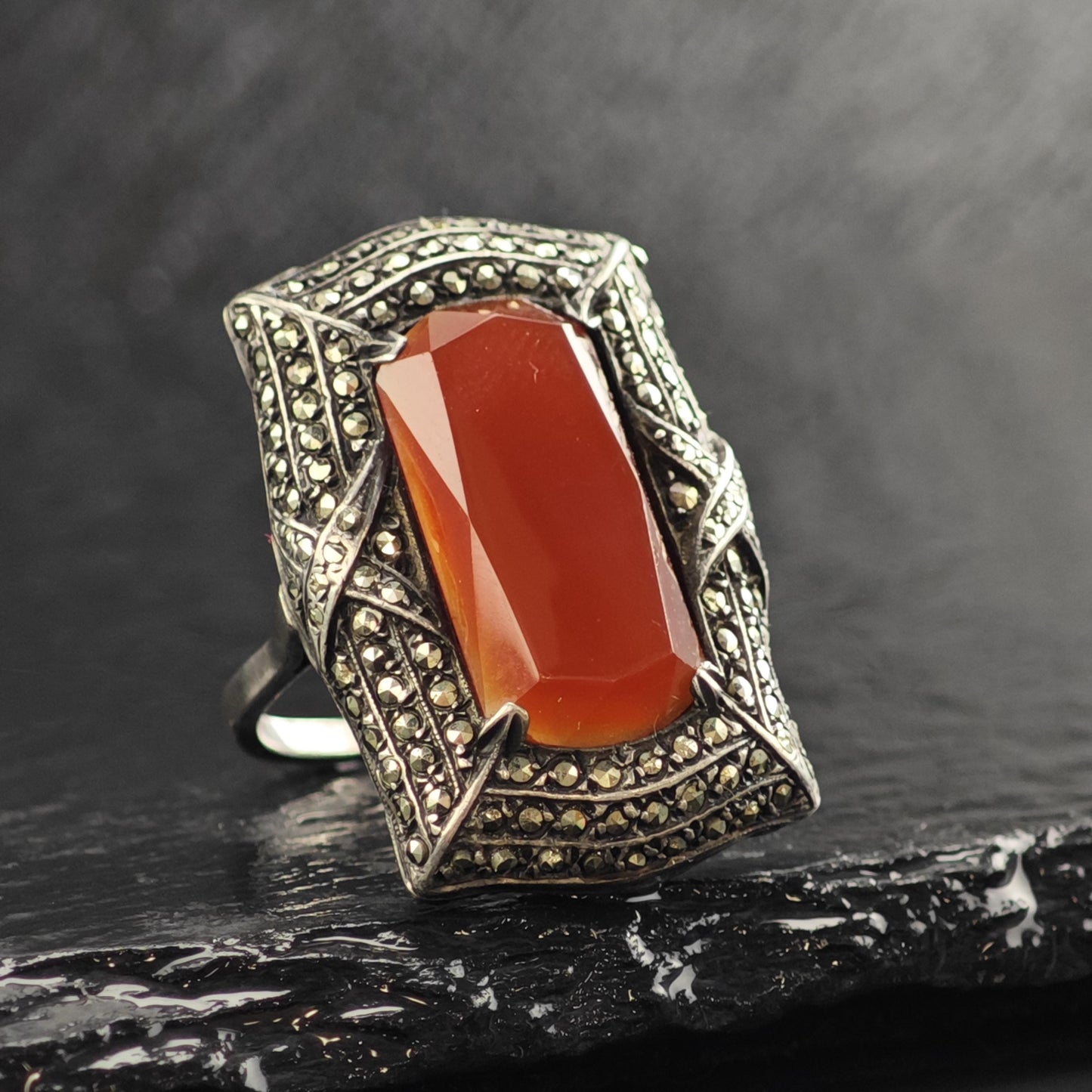 Vintage Art Deco Carnelian Sterling Silver Ring Sz 7.5 R6554