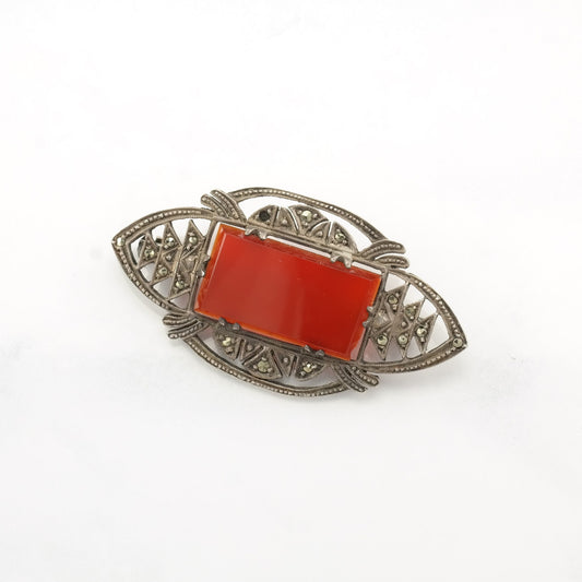 Art Deco Sterling Silver Brooch Carnelian Marcasite