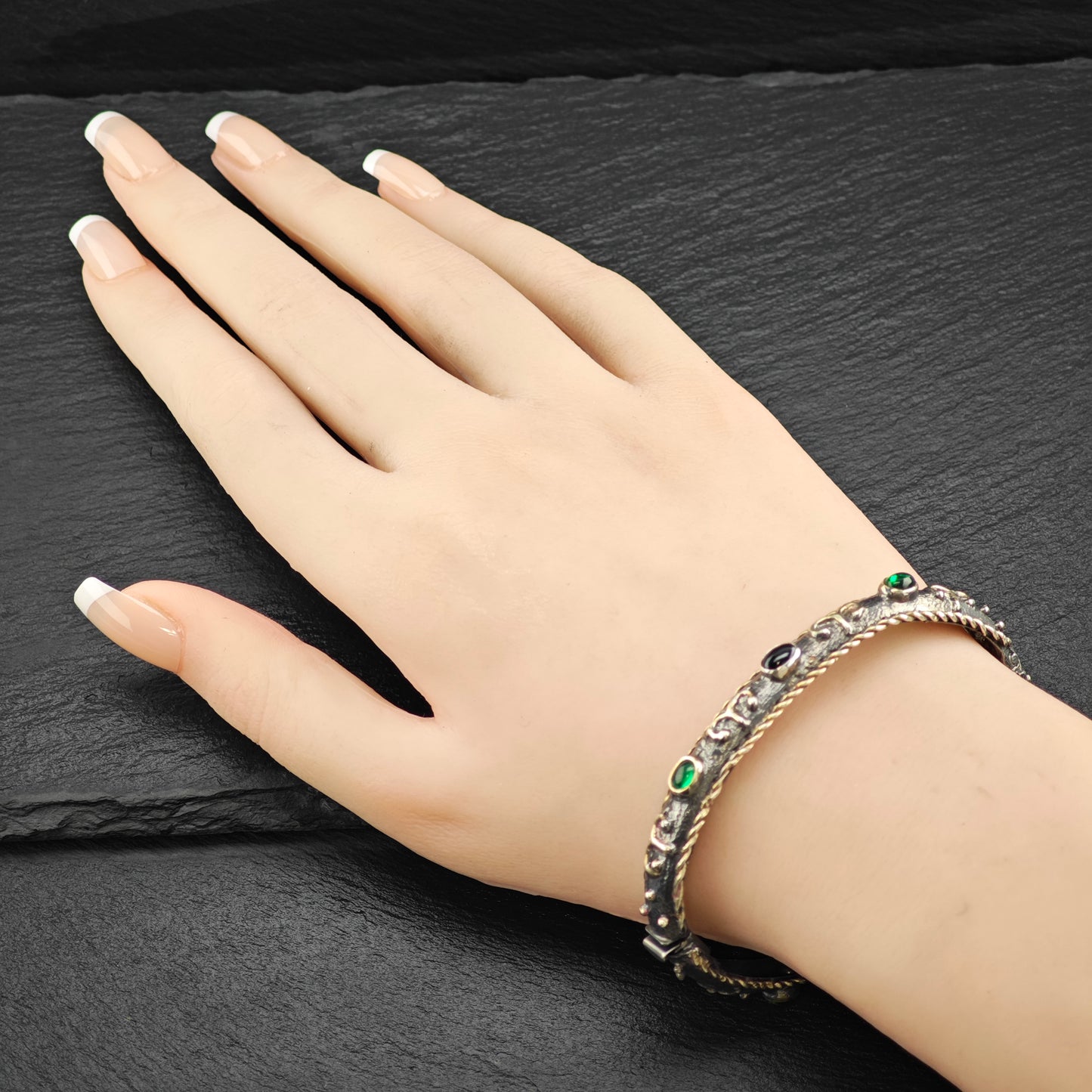 Vintage Aries Emerald Black Onyx  Sterling Silver Bangle 7" 10253142981_8748