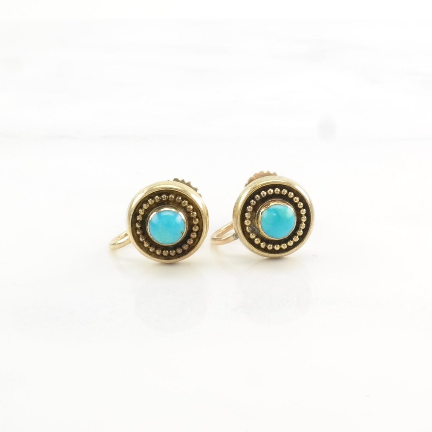 Vintage Persian Blue Turquoise 9kt Gold Earrings Screw back