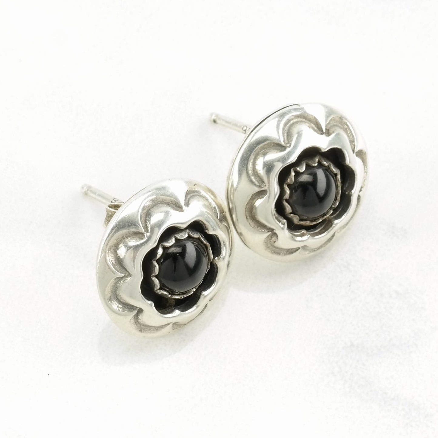 Southwest Sterling Silver Black Onyx Floral Earrings Stud