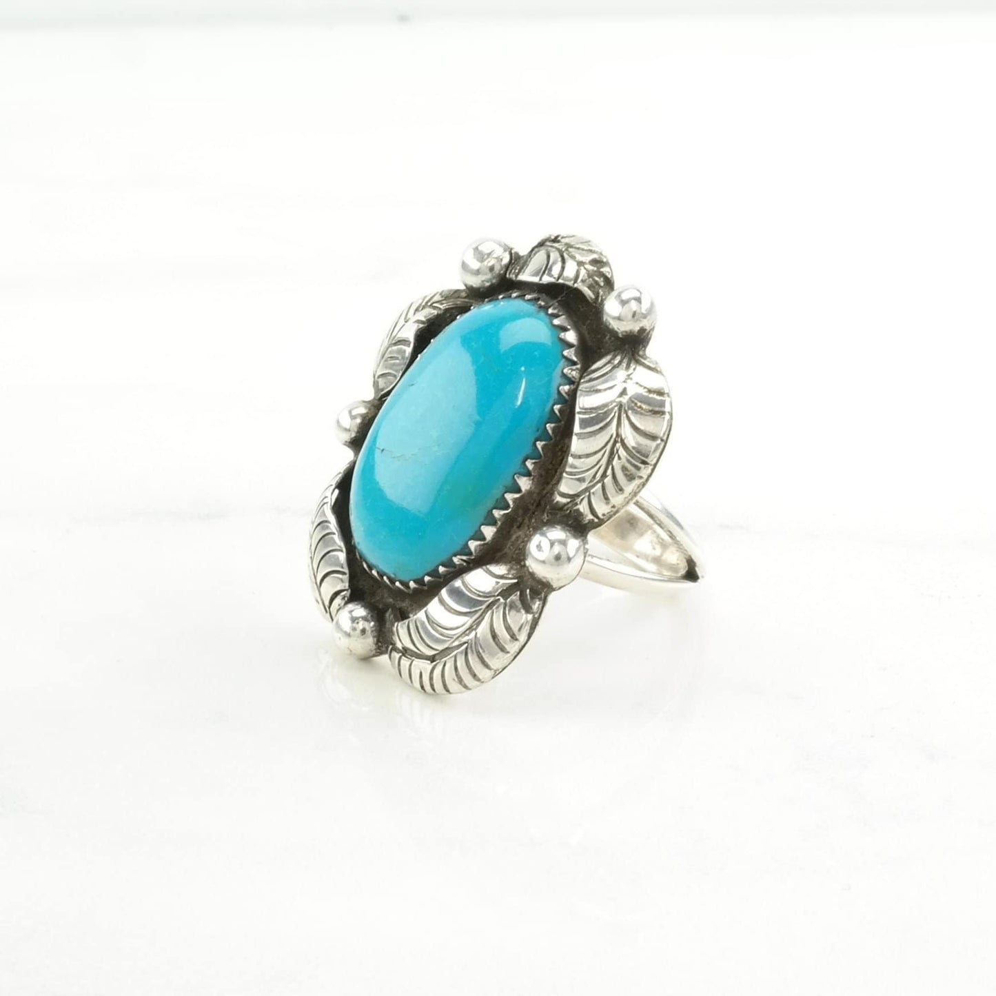 Native American Silver Ring Turquoise Leaf, Large Sterling Blue Size 6 1/2