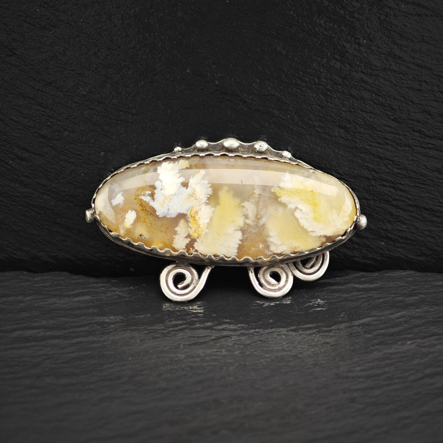 Vintage Brown Oval, Moss Agate Sterling Silver Brooch