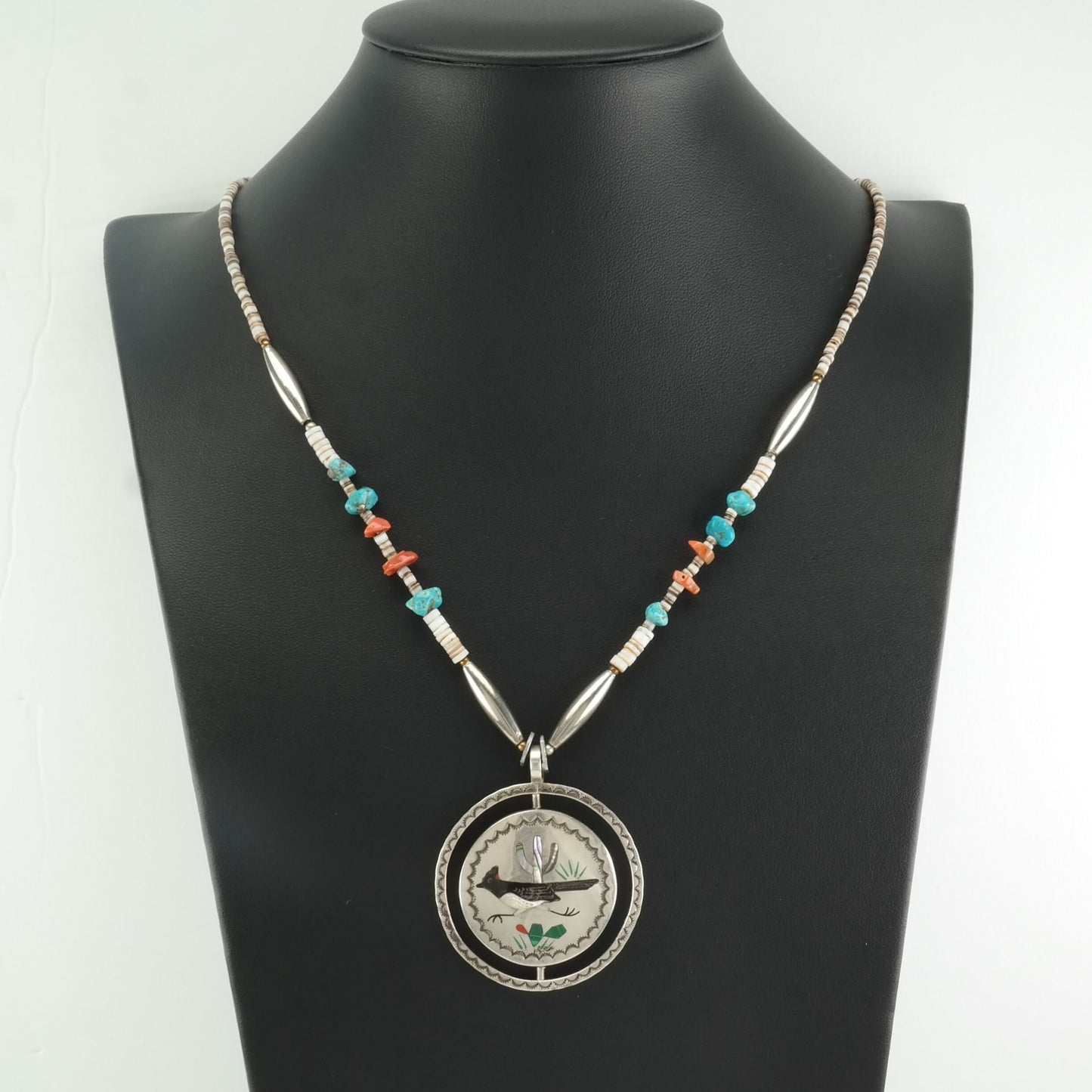 Native American Sterling Silver Turquoise, Coral Bird Inlay Necklace