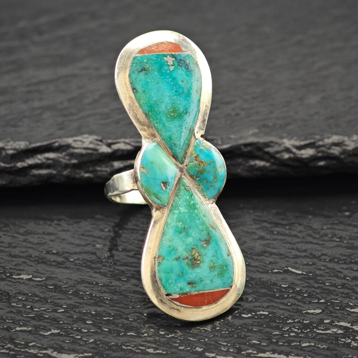 Large Turquoise, Coral Inlay Ring Sterling Silver Sz 8 R5934