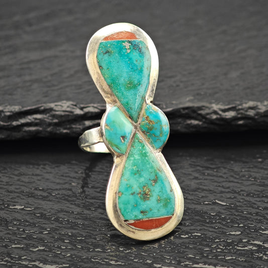 Large Turquoise, Coral Inlay Ring Sterling Silver Sz 8