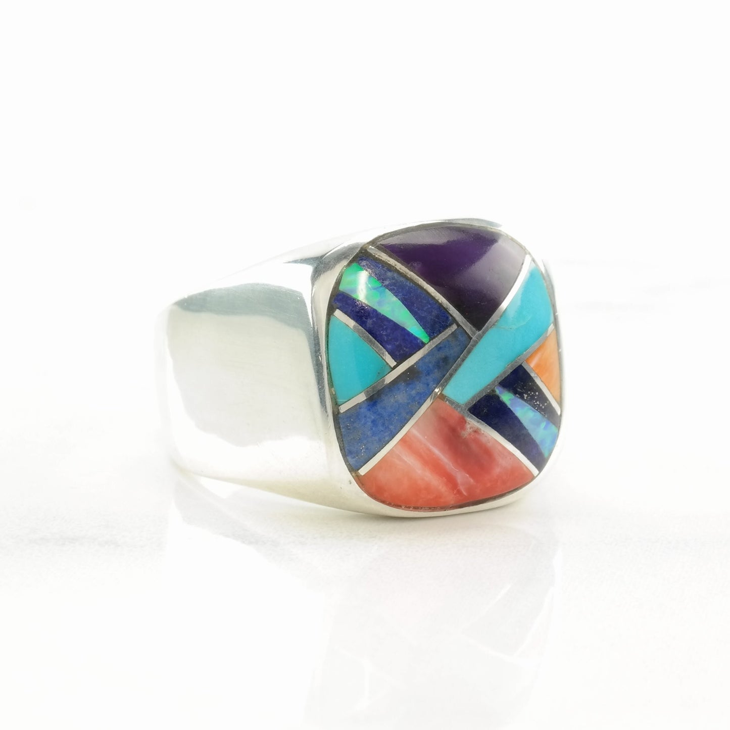 Vintage Southwest Silver Ring Multi Gemstone Inlay Sterling Size 10 3/4