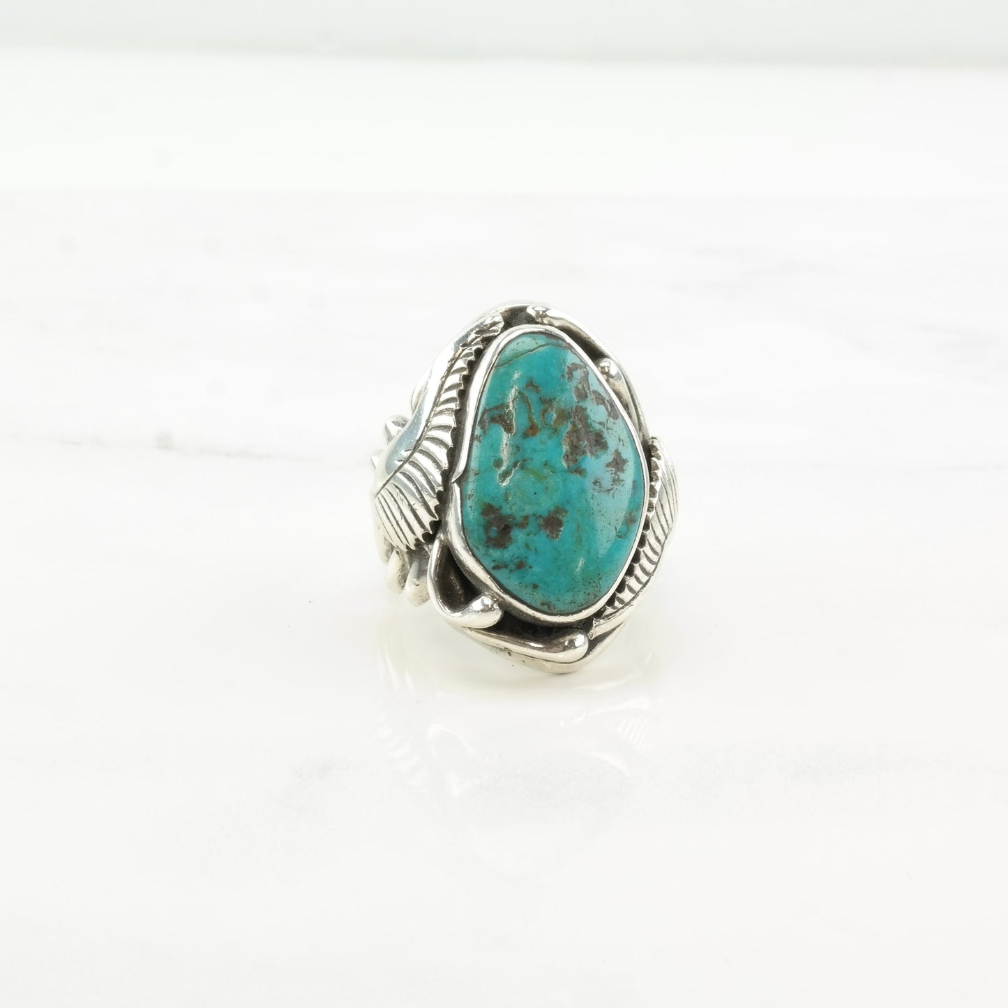 Navajo Silver Ring Turquoise Leaf Sterling Size 9