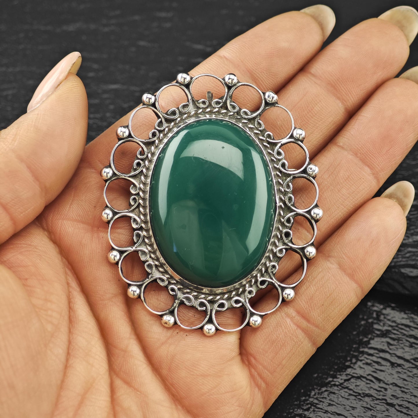 Green Onyx Mexican Brooch/Pendant Sterling Silver