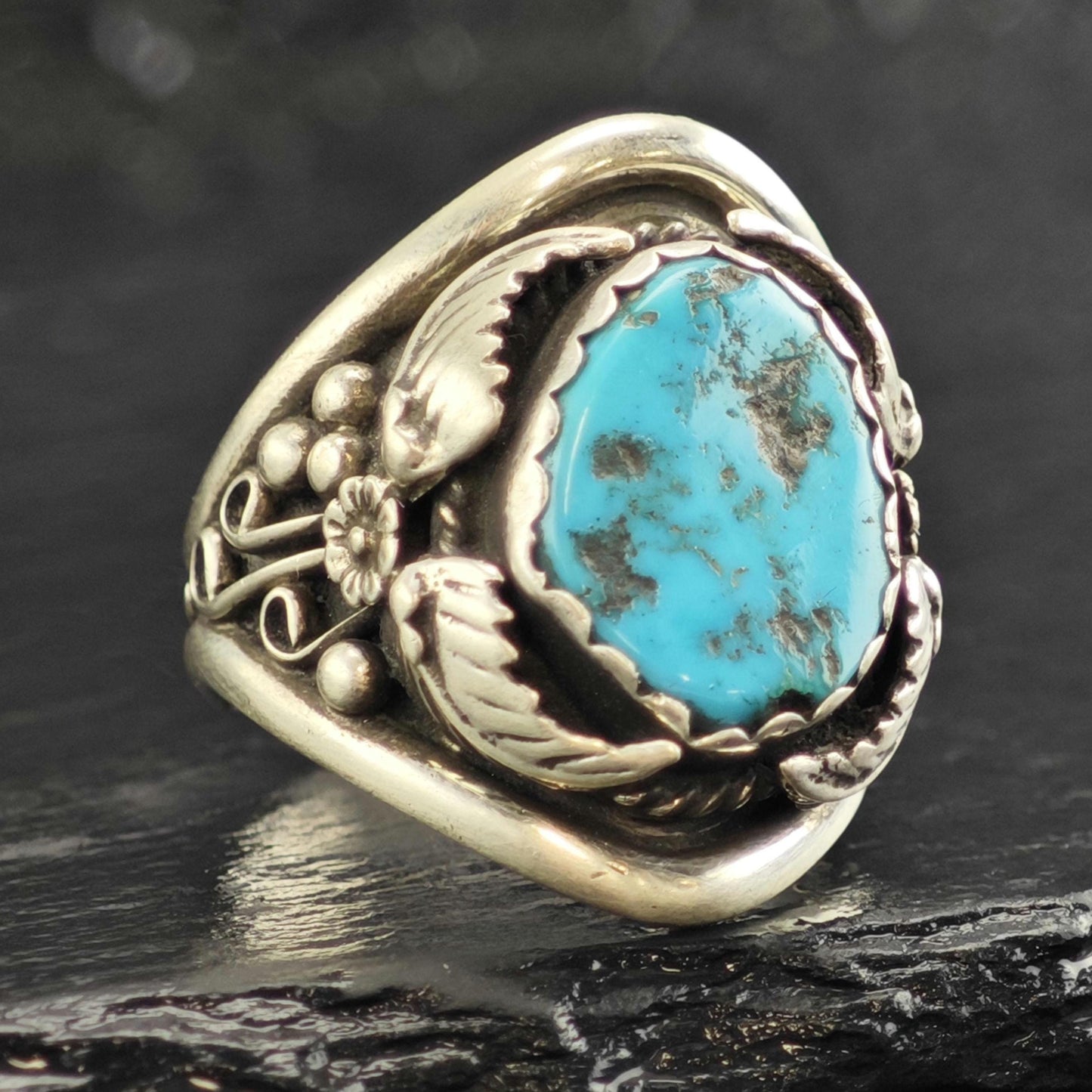 Native American Turquoise & Leaf Design Sterling Silver Ring Sz 10 3/4 R6591