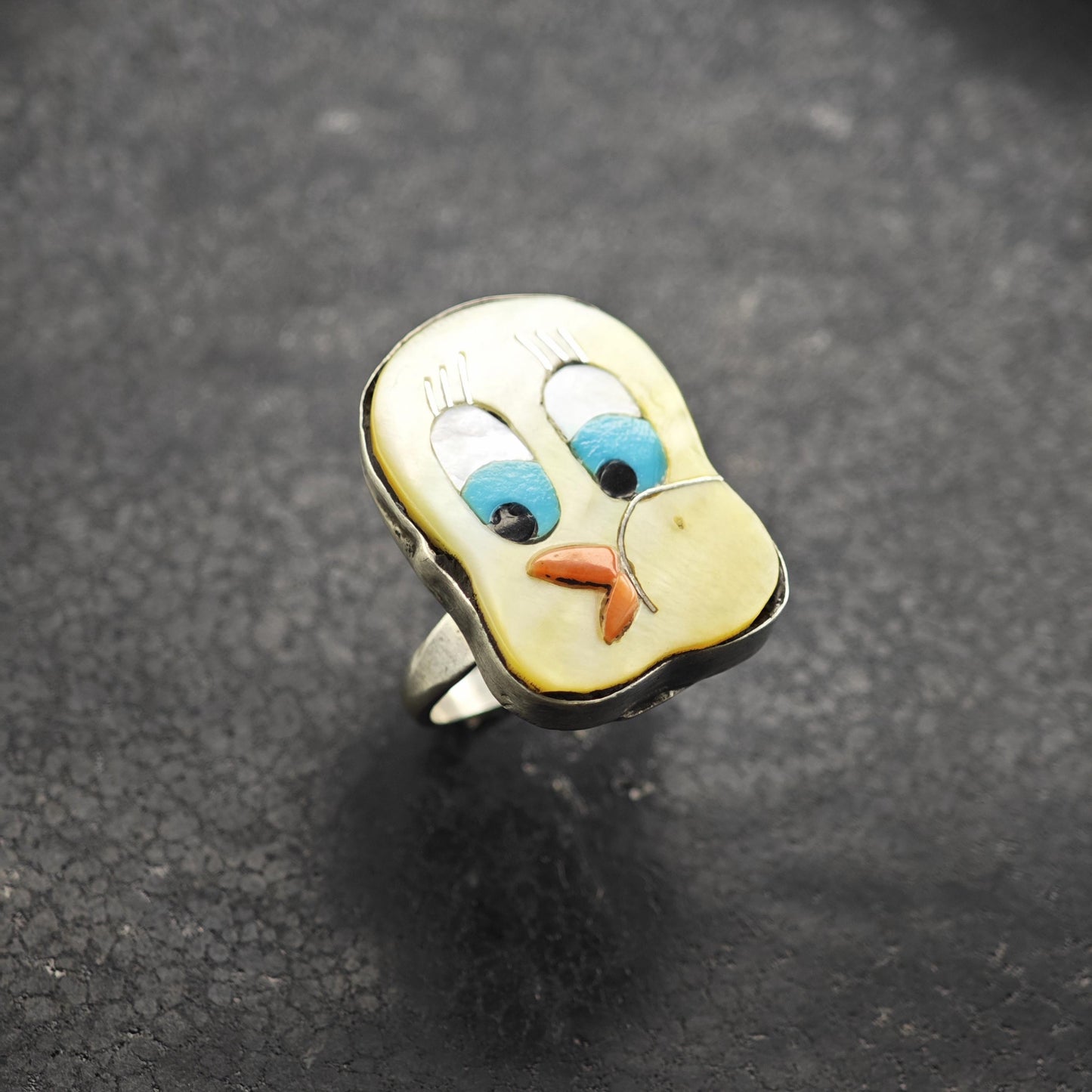 Cartoon Bird Inlay Sterling Silver Ring Sz 6 R6556